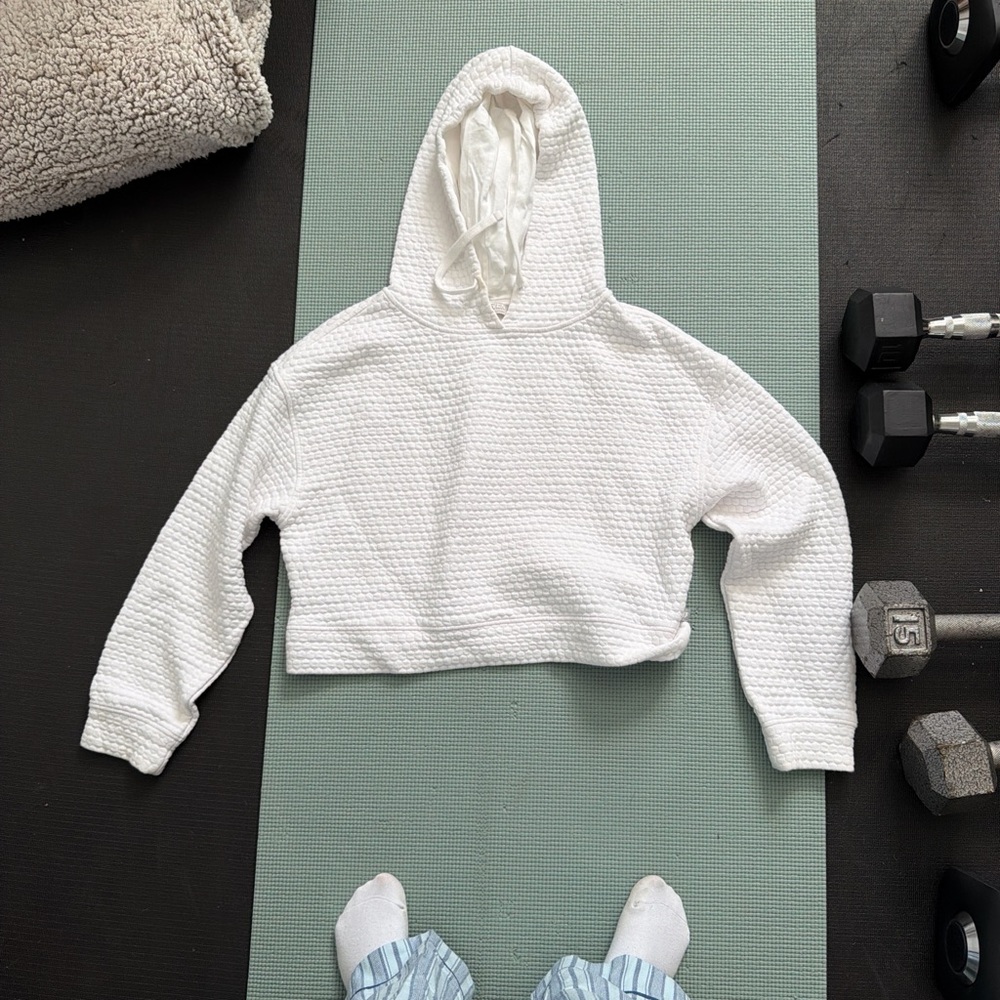 White Textured Cropped Hoodie